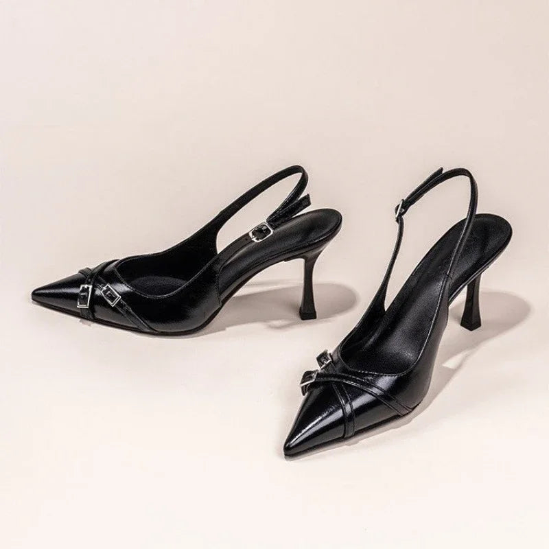 Fashionable Pointed Toe Shallow Mouth New High-heeled Shoes Summer Elegant Buckle Decorated Stiletto Black Women's Shoes NO:602 - footmaxldn