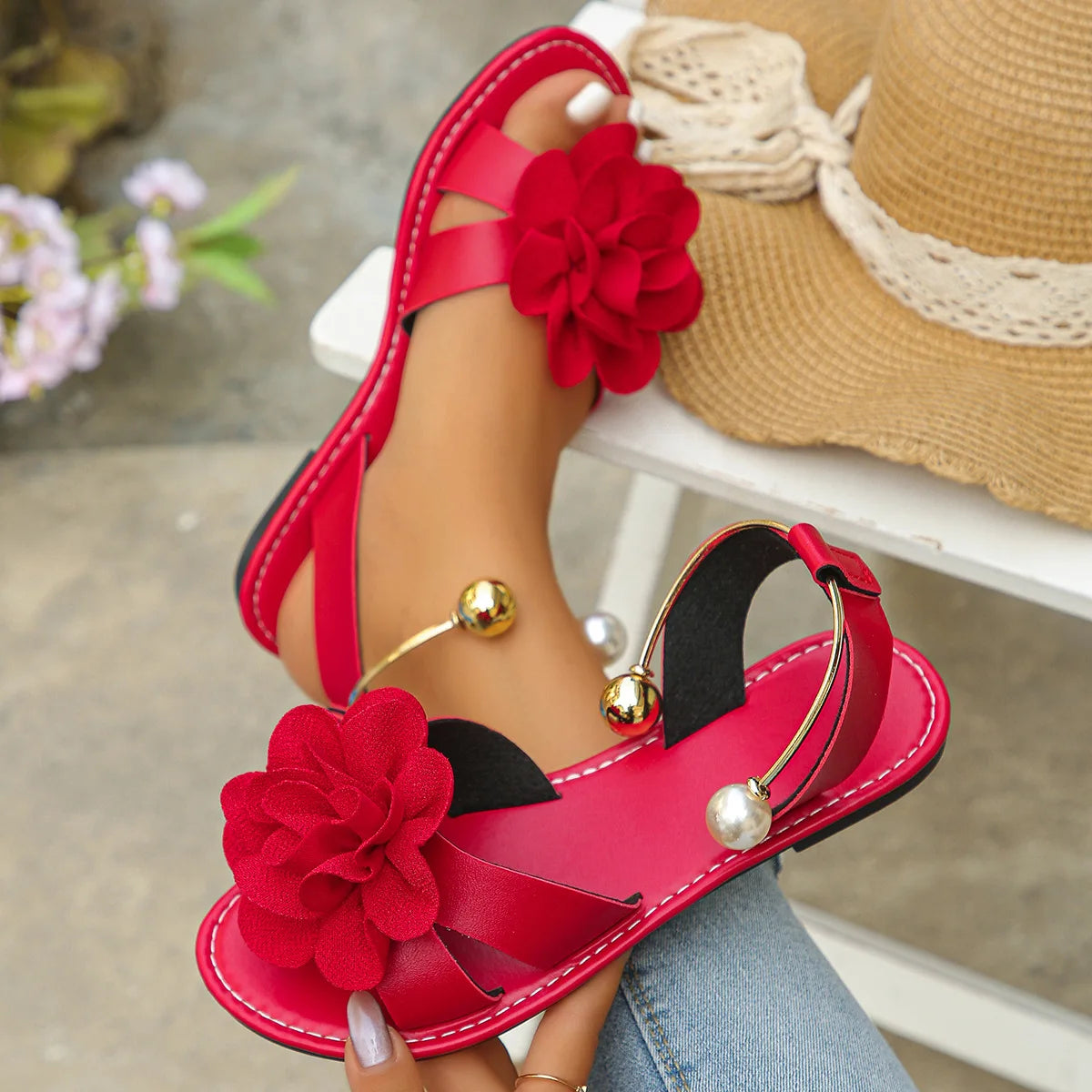 Footmaxldn Floral Pearl Flat Sandals – Women's Slip-On Summer Shoes