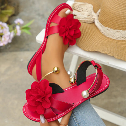 Footmaxldn Floral Pearl Flat Sandals – Women's Slip-On Summer Shoes