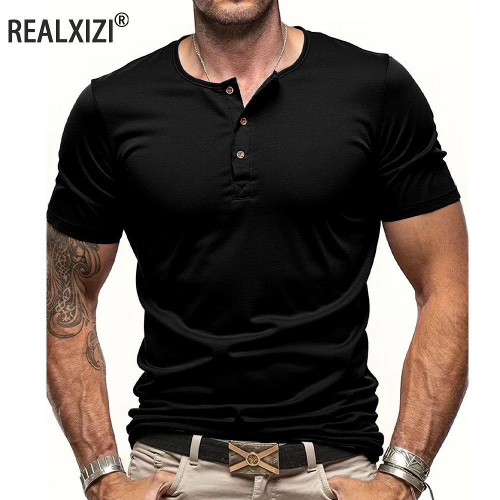 FootMax Men's Henley T-Shirt - Slim Fit Button Neck Short Sleeve Casual Tee - footmaxldn