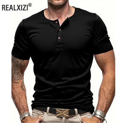 FootMax Men's Henley T-Shirt - Slim Fit Button Neck Short Sleeve Casual Tee - footmaxldn