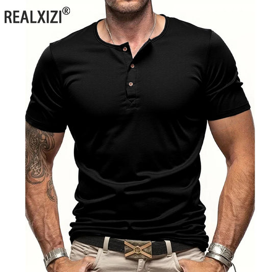 FootMax Men's Henley T-Shirt - Slim Fit Button Neck Short Sleeve Casual Tee - footmaxldn