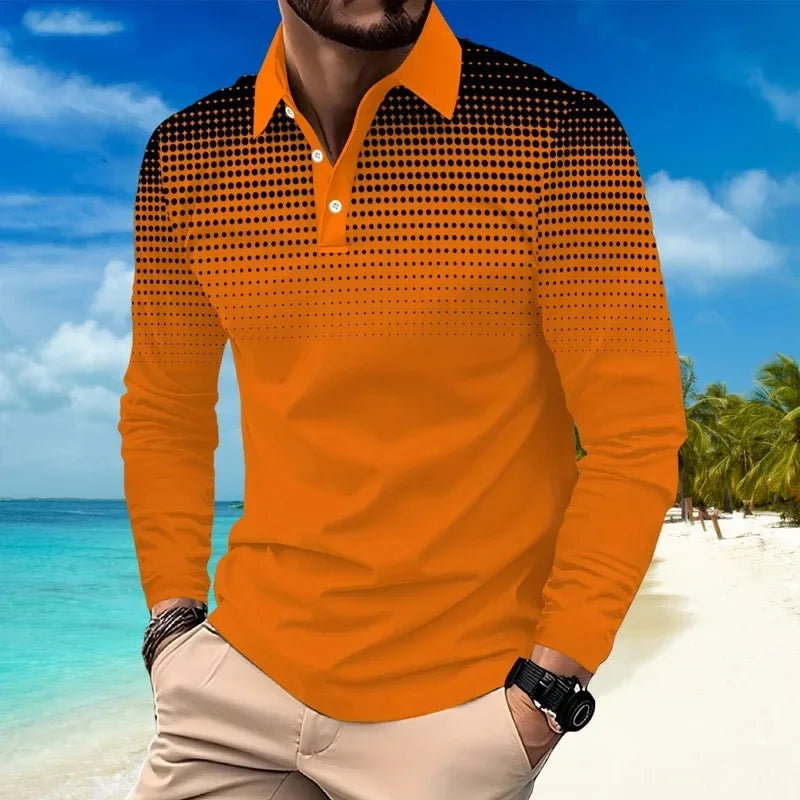 Footmax Men's Gradient Dot Print Golf Polo Shirt - Long Sleeve Casual Streetwear Button Up - footmaxldn