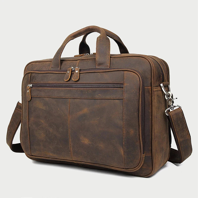 High Quality Genuine Leather Men Briefcase Business bag Crazy Horse Leather Large 17"inch Laptop Bag male Portfolio Office Case - footmaxldn