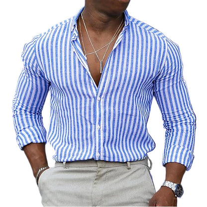 Footmax Men's Striped Hawaiian Shirt - Long Sleeve Breathable Lightweight Streetwear