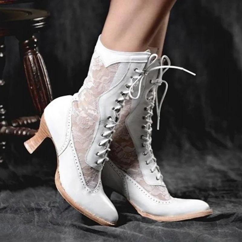 Footmax Women's Victorian Ankle Boots - Vintage Pointed Toe High Heel Lace-Up Boots - footmaxldn