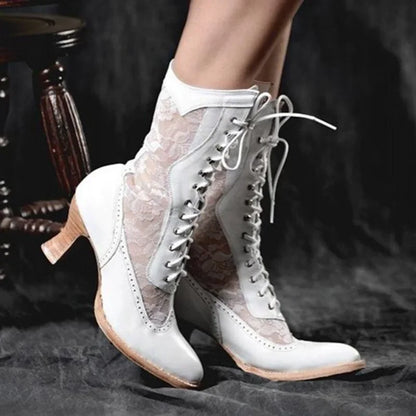 Footmax Women's Victorian Ankle Boots - Vintage Pointed Toe High Heel Lace-Up Boots - footmaxldn