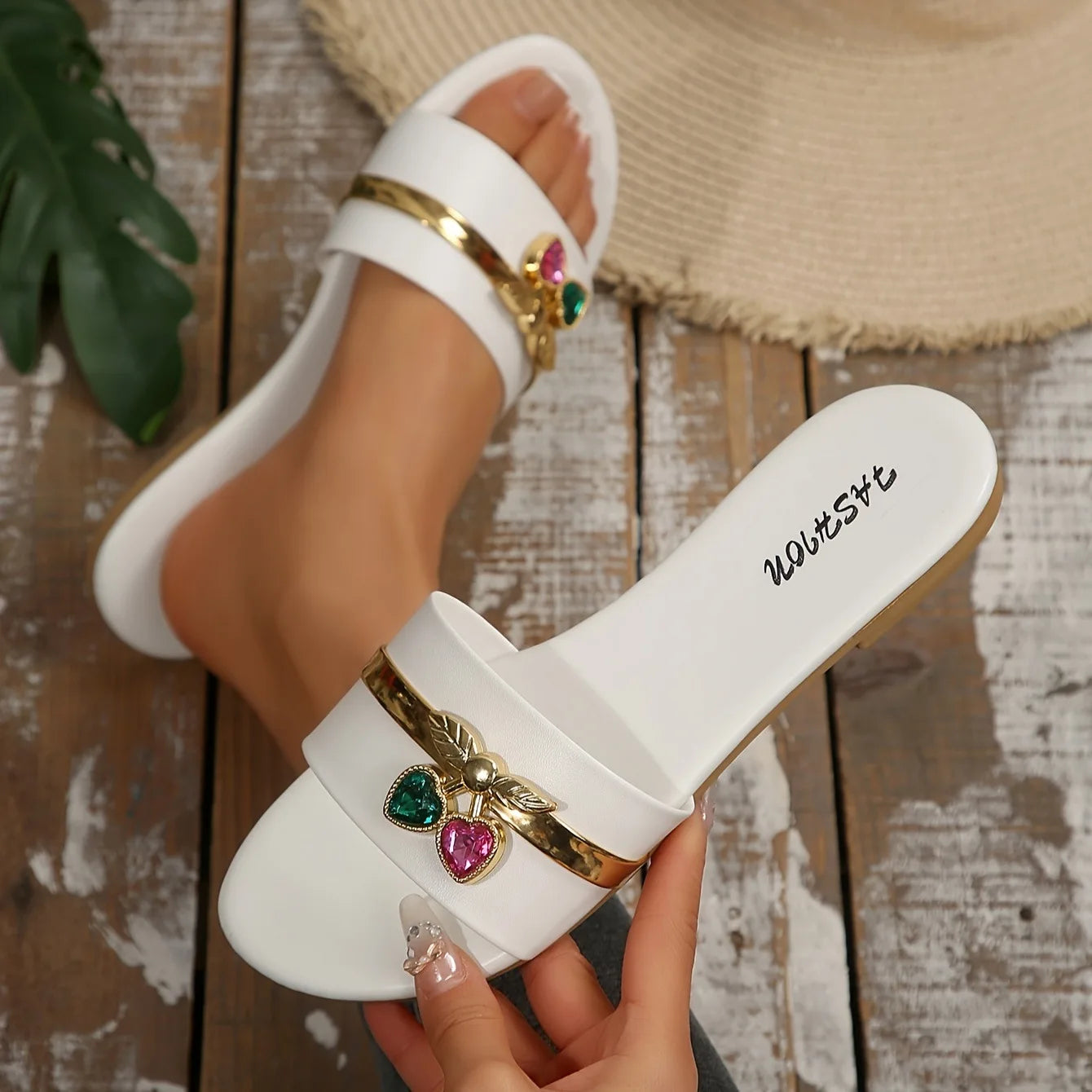 Women's Shoes New Fashion Slippers with Cherry Buckle, Versatile Solid Color Metal Decoration, Round-Toe Flat Sandals - footmaxldn
