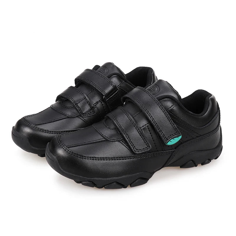 A pair of black UOVO casual shoes with three hook-and-loop straps, shown on a white background with the UOVO brand logo in the top left corner.