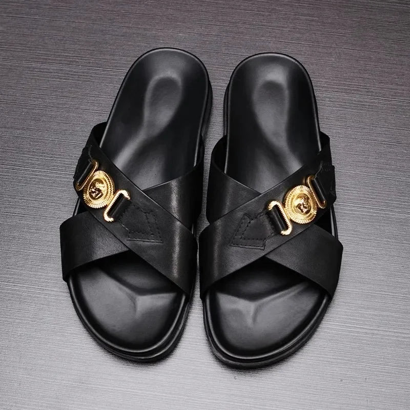 Footmaxldn Men's Genuine Leather Slide Sandals | Cross-Strap Beach & Casual Shoes