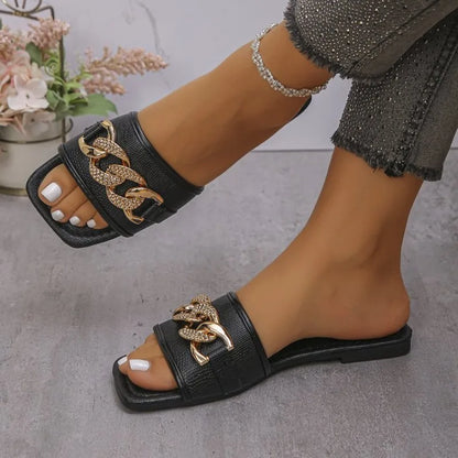 Footmaxldn Women's Metal-Accent Slip-On Sandals | Open Toe Flat Mules
