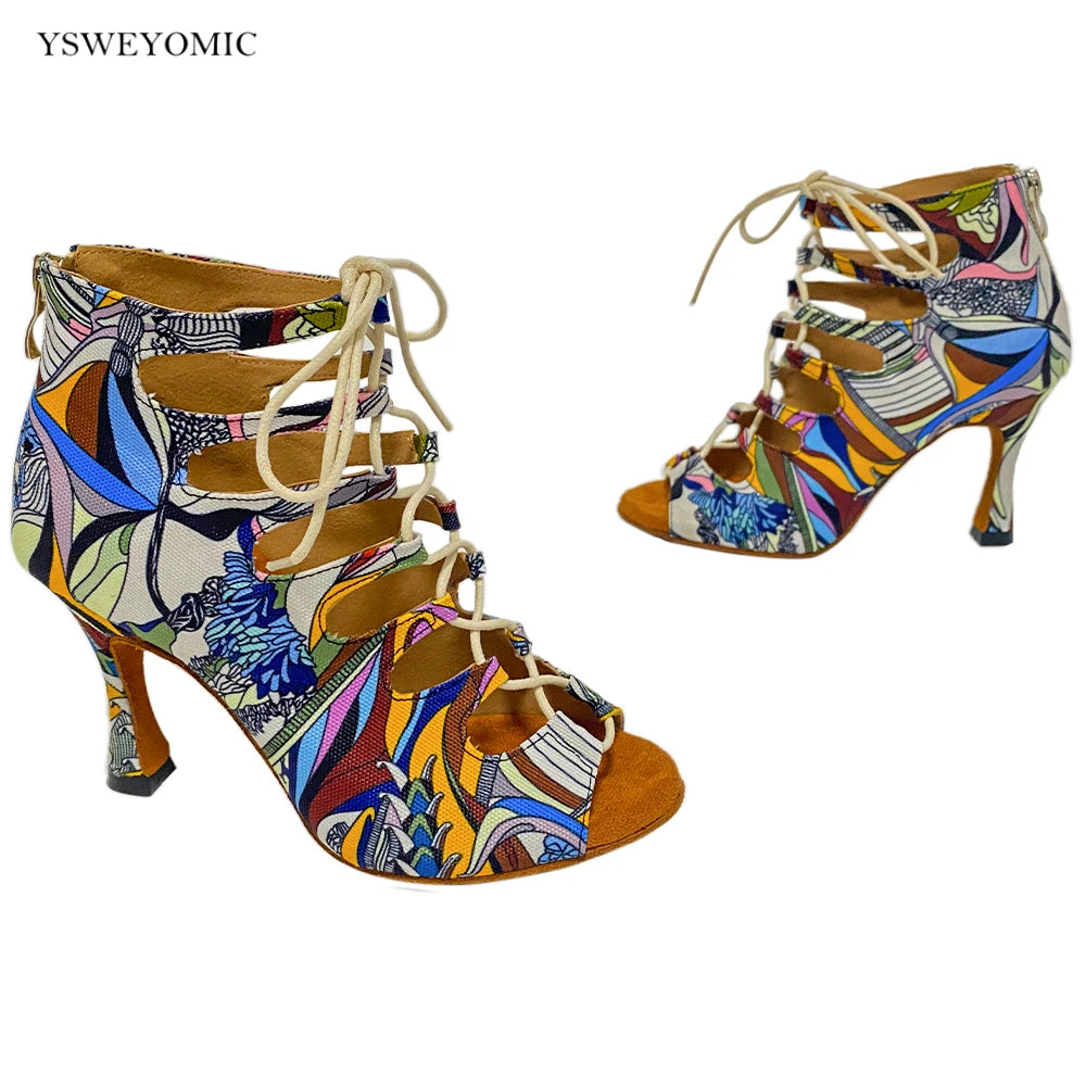 Footmax Colorful Denim Dance Boots - Women's Latin Salsa Dance Shoes with Thick Insole - footmaxldn