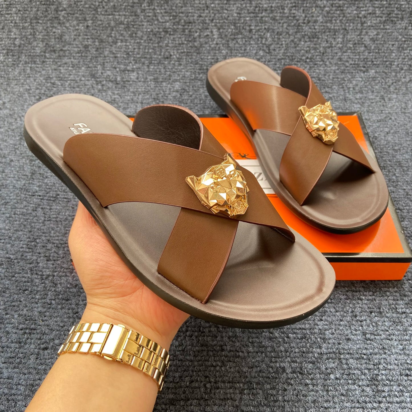 Men's Leather Cross-Strap Slides with Gold Lion Emblem – Footmaxldn