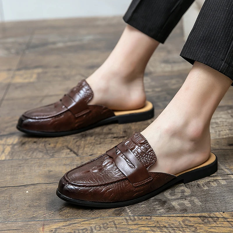 New Men Half Slippers Penny Loafers Male Casual Alligator Pattern Black Brown Mules Moccasins Breathable Driving Shoes - footmaxldn