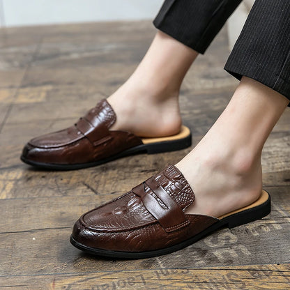 New Men Half Slippers Penny Loafers Male Casual Alligator Pattern Black Brown Mules Moccasins Breathable Driving Shoes - footmaxldn