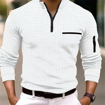 Footmax Men's Plaid Turtleneck Zipper Polo Shirt - Long Sleeve Business Casual Sports - footmaxldn