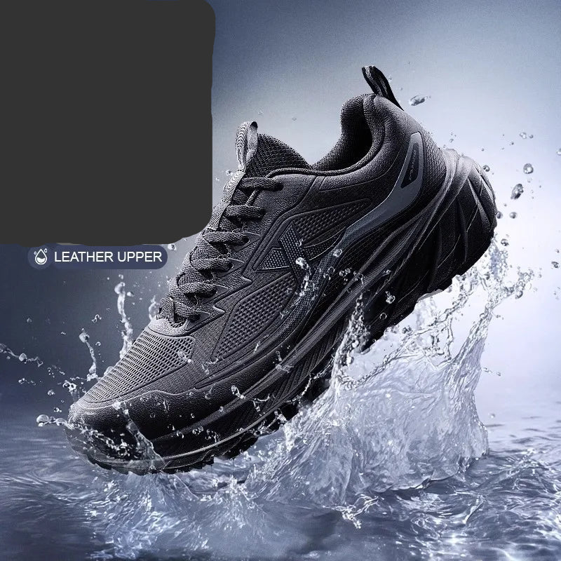 Black running shoe with water splash, XTEP branding, and 'QING YUE' text on a dark background.