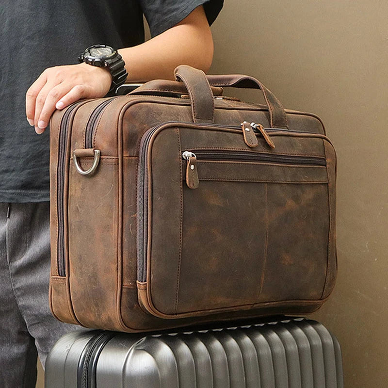 High Quality Genuine Leather Men Briefcase Business bag Crazy Horse Leather Large 17"inch Laptop Bag male Portfolio Office Case - footmaxldn
