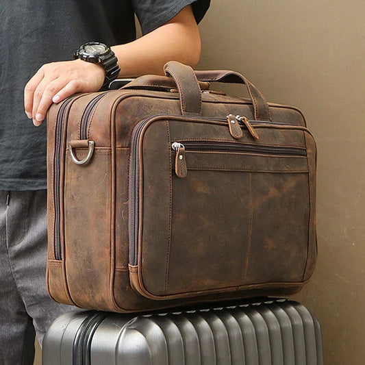 High Quality Genuine Leather Men Briefcase Business bag Crazy Horse Leather Large 17"inch Laptop Bag male Portfolio Office Case - footmaxldn