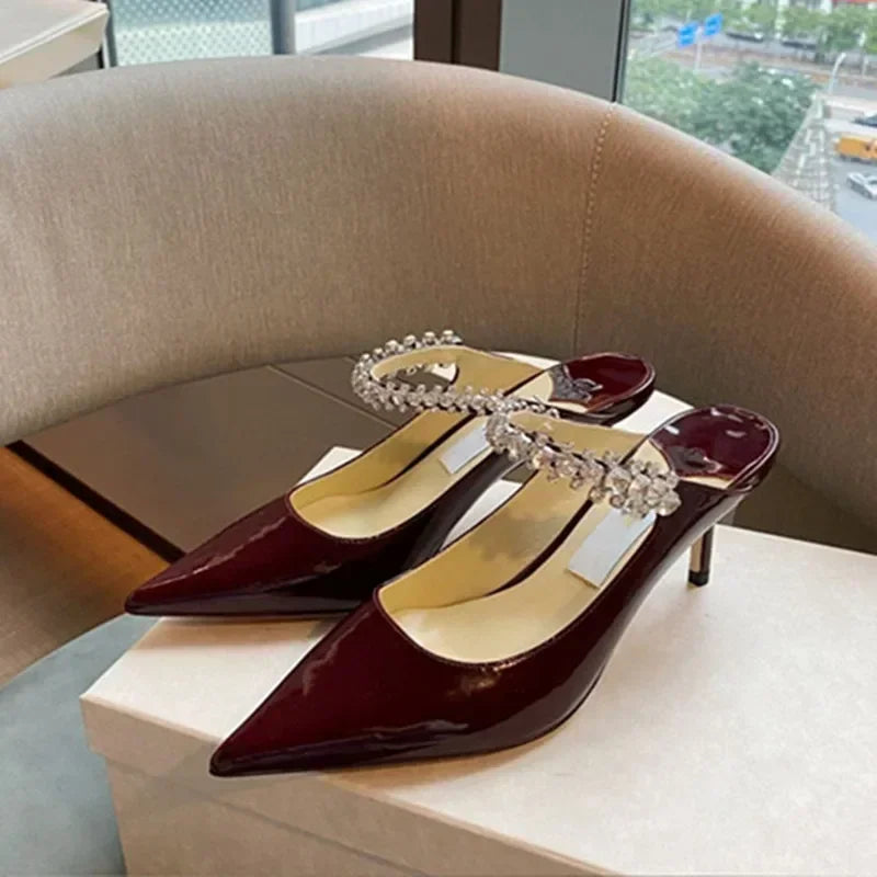 Footmaxldn Rhinestone Chain Stiletto Mules – Patent Leather High Heel Sandals for Women