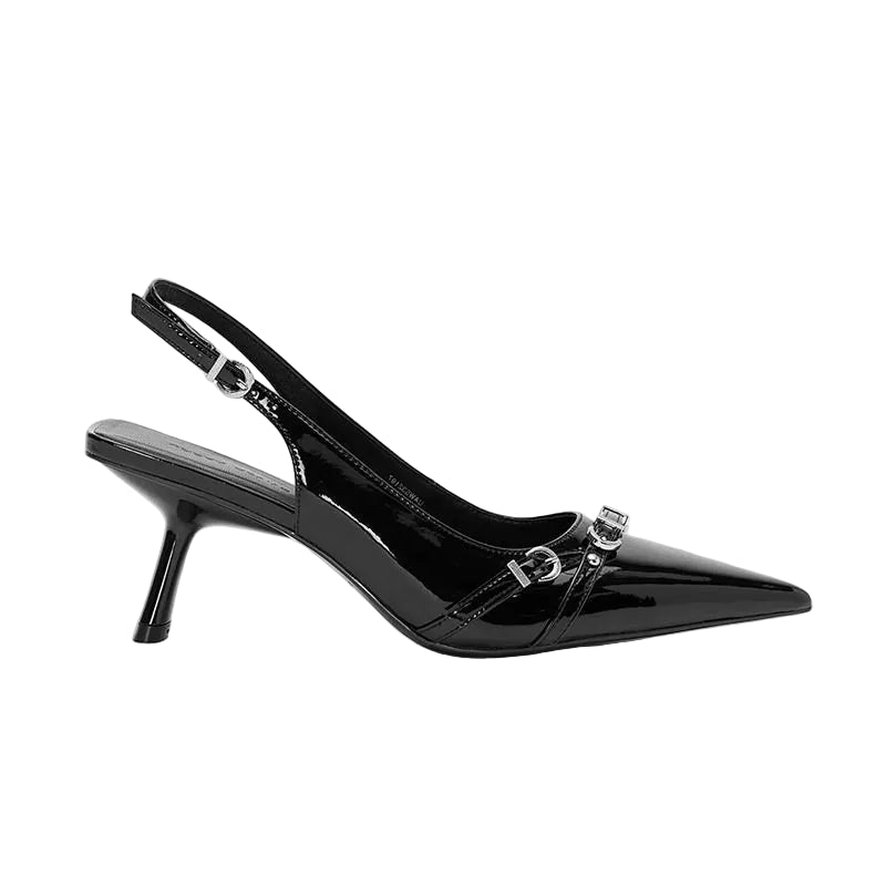 Black patent leather slingback shoe with a strap on a light gray background