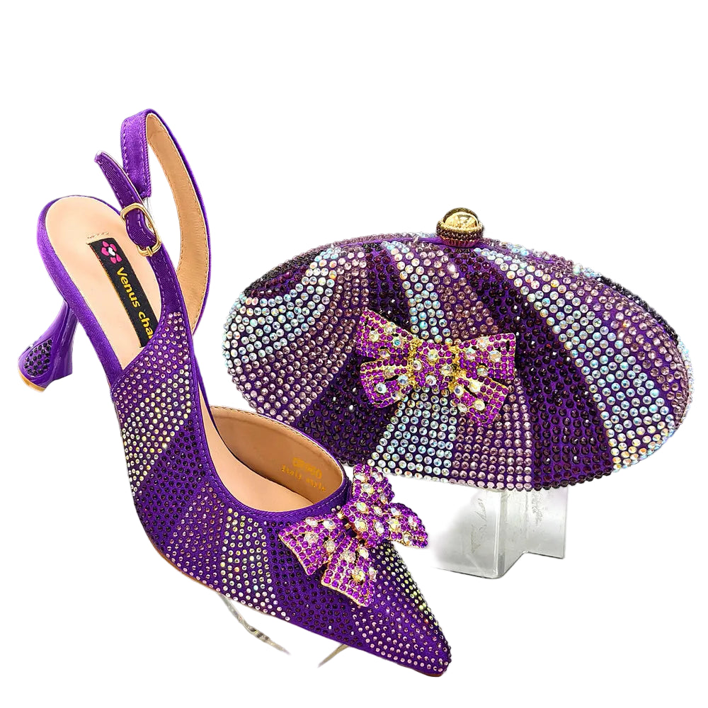 Venus Chan Nigeria Design Rhinestone-encrusted Sex Ladies Shoes And Oval Bag High Heels And Purple Color Mini Bag - footmaxldn