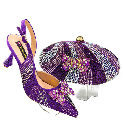 Venus Chan Nigeria Design Rhinestone-encrusted Sex Ladies Shoes And Oval Bag High Heels And Purple Color Mini Bag - footmaxldn