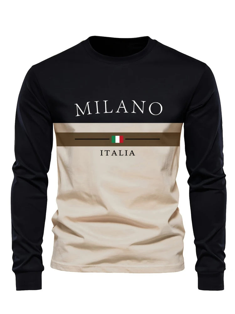Men's Beige & Black Colour-Block Long-Sleeve T-Shirt