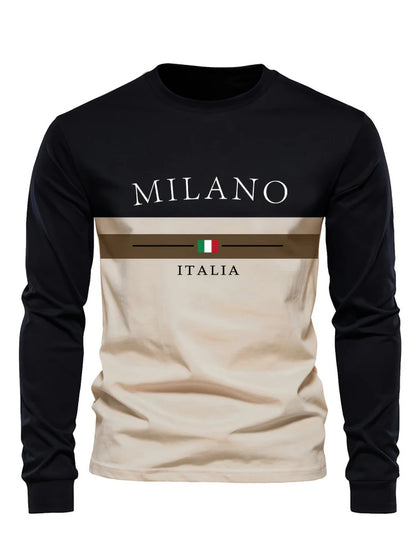 Men's Beige & Black Colour-Block Long-Sleeve T-Shirt