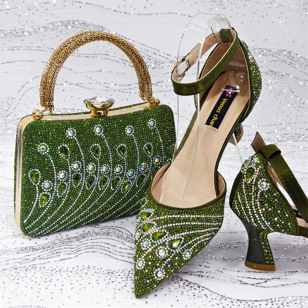 2025 Elegant Rhinestone Pointed Toe Pumps With Matching Bag Set Large Size shoes Big Bag for Women's Party High Heels - footmaxldn