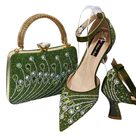 2025 Elegant Rhinestone Pointed Toe Pumps With Matching Bag Set Large Size shoes Big Bag for Women's Party High Heels - footmaxldn