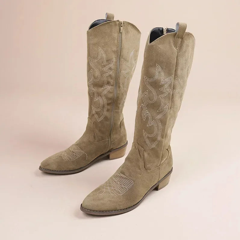 Women's Embroidered Western Knee-High Boots – Square Heel, Pointed Toe | Footmaxldn