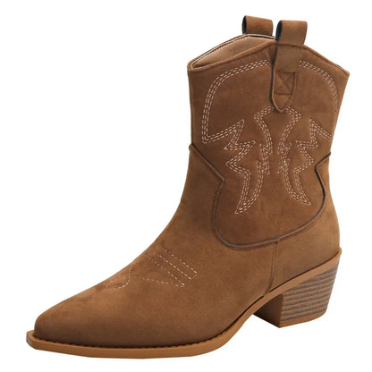 Brown Embroidered Western Ankle Boots with Pointed Toe and Block Heel