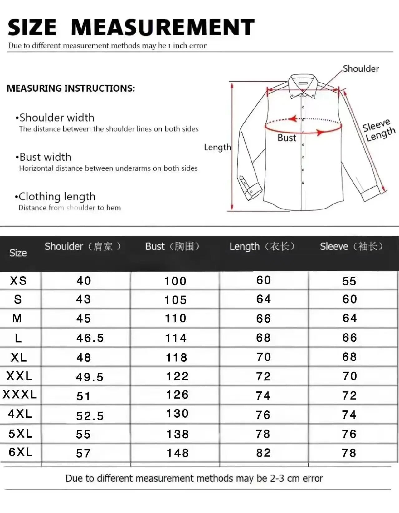 Size measurement chart for a shirt with shoulder, bust, length, and sleeve dimensions.