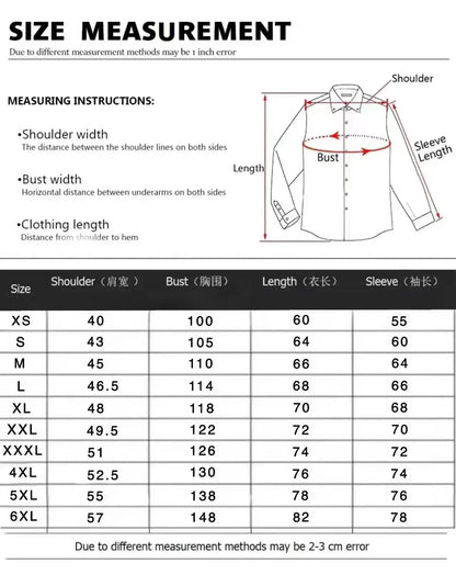 Size measurement chart for a shirt with shoulder, bust, length, and sleeve dimensions.