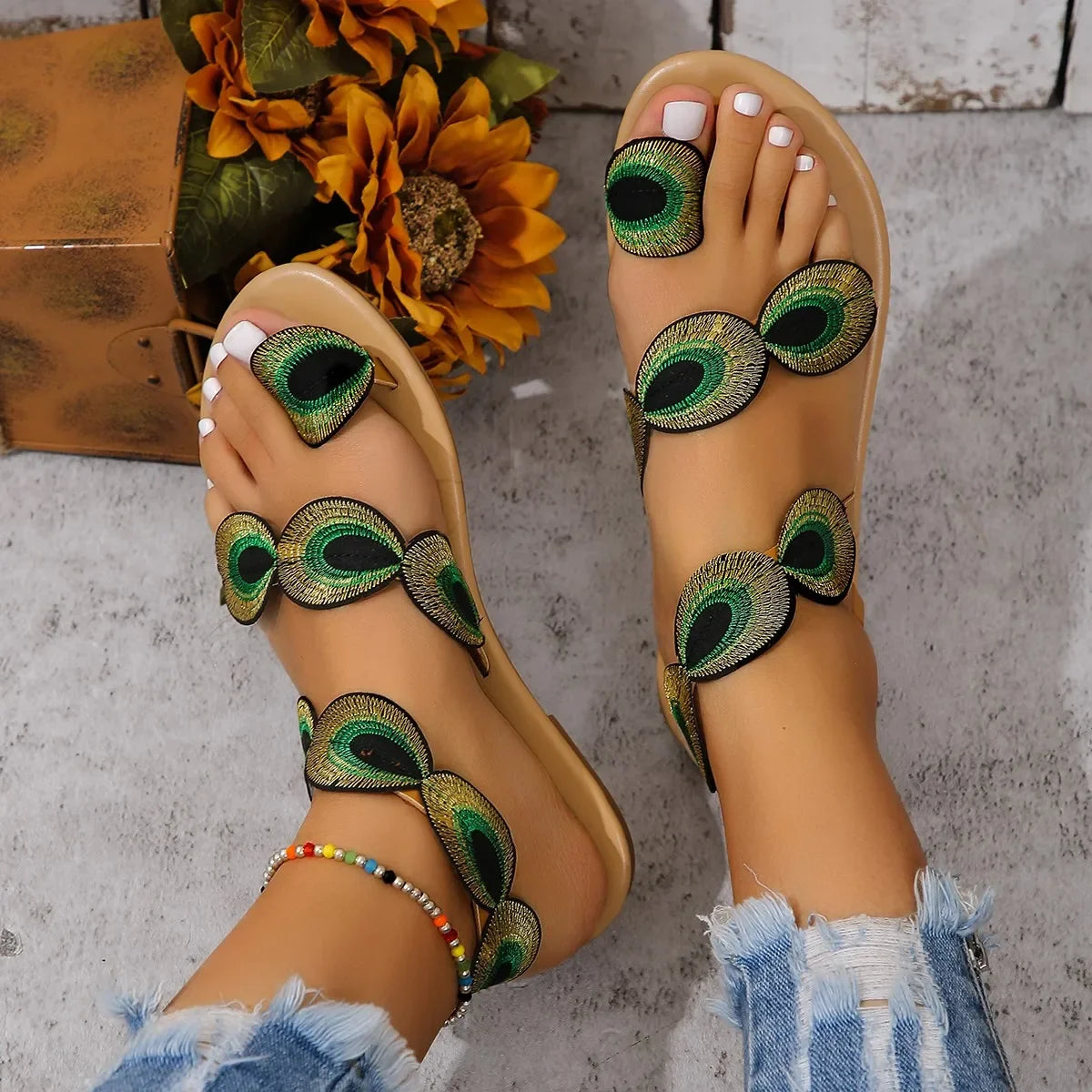 Footmaxldn Peacock Feather Embroidered Flat Sandals for Women