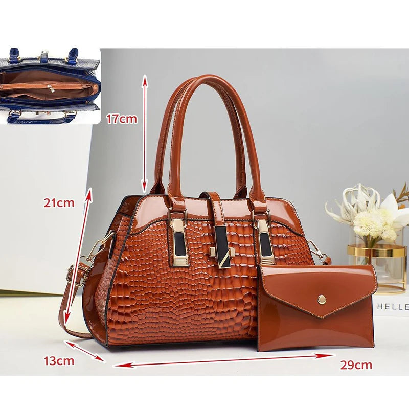 Luxury Brand Crocodile Handbag Women Tote Bag Bright Leather Women Purse Shoulder Bag Female Top-handle Bags Commuting Shopping - footmaxldn