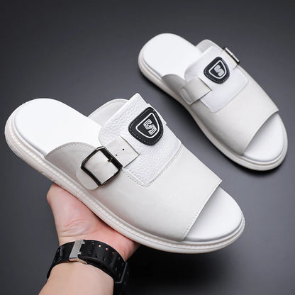 Men's Leather Slide Sandals with Buckle Strap – Footmaxldn