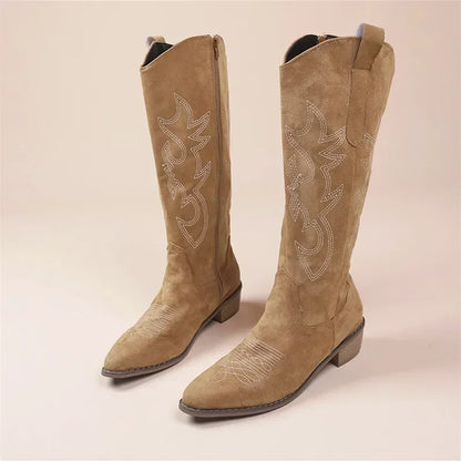 Women's Embroidered Western Knee-High Boots – Square Heel, Pointed Toe | Footmaxldn