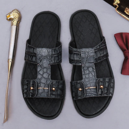 Men's Croc-Embossed Leather Slide Sandals | H-Strap Summer Slides – Footmaxldn