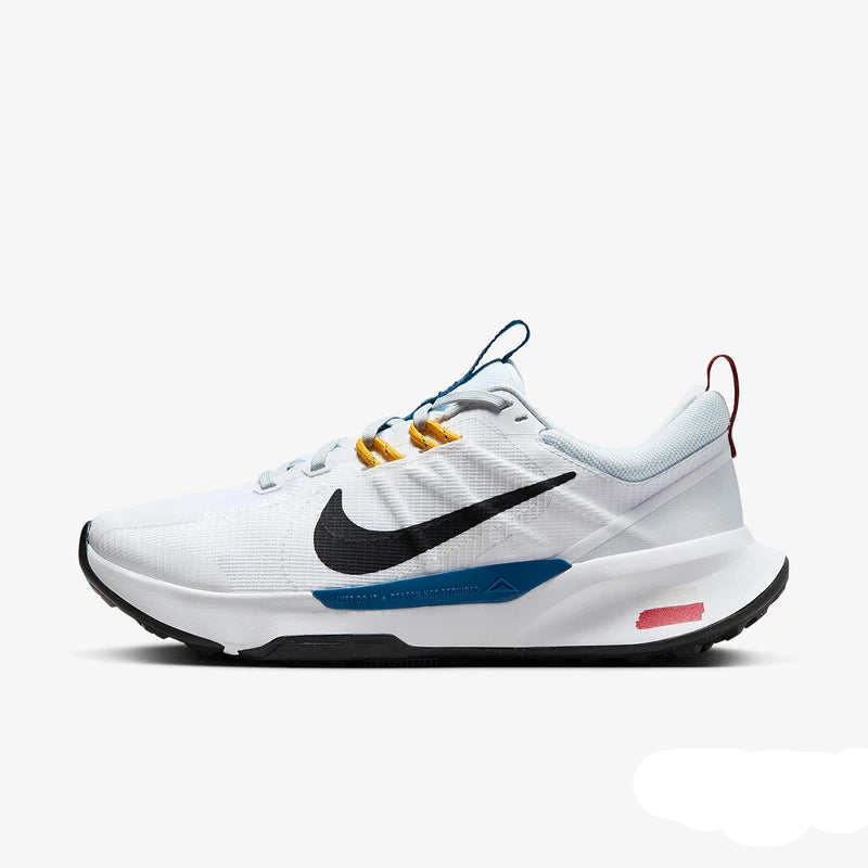 White athletic shoe with black swoosh logo on a white background