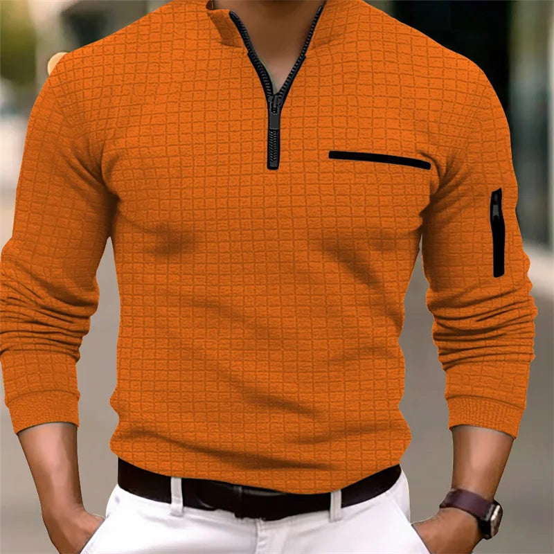 Footmax Men's Plaid Turtleneck Zipper Polo Shirt - Long Sleeve Business Casual Sports - footmaxldn