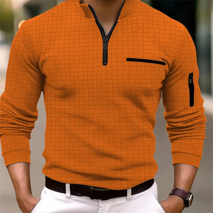 Footmax Men's Plaid Turtleneck Zipper Polo Shirt - Long Sleeve Business Casual Sports - footmaxldn