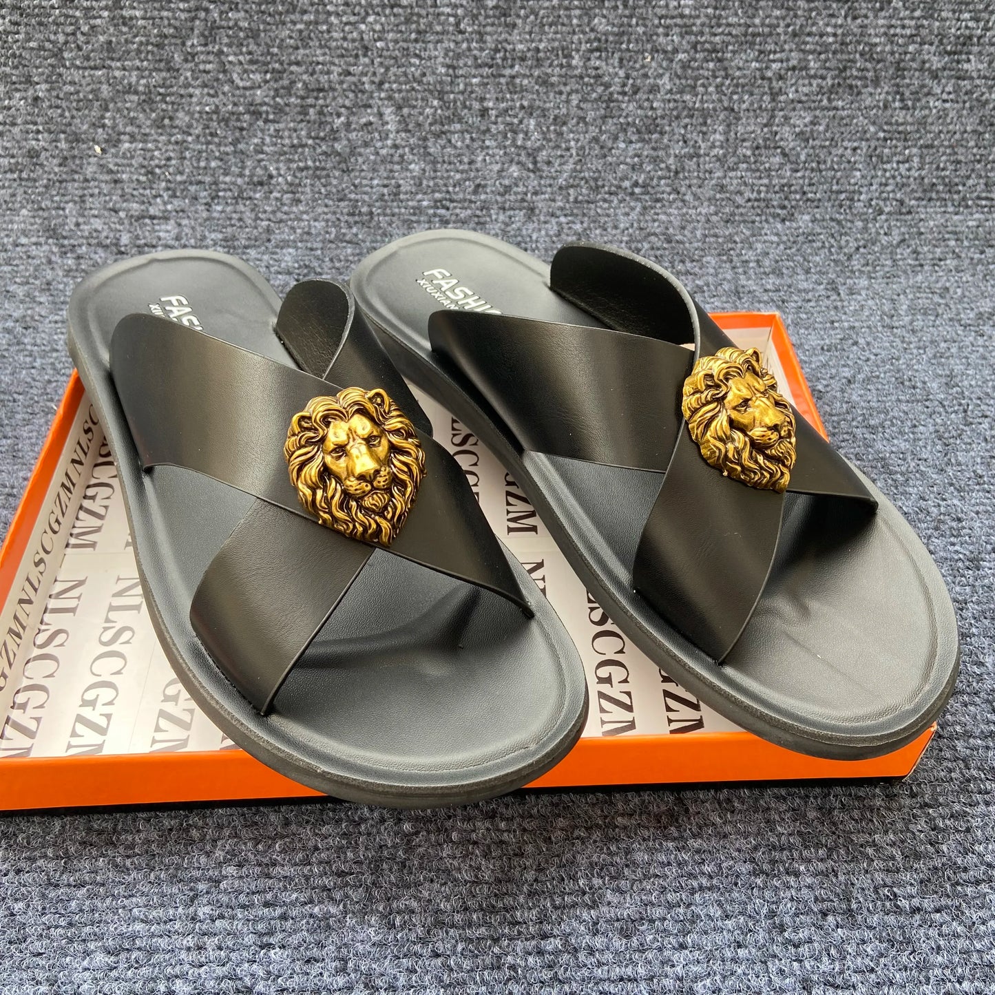 Men's Leather Cross-Strap Slides with Gold Lion Emblem – Footmaxldn