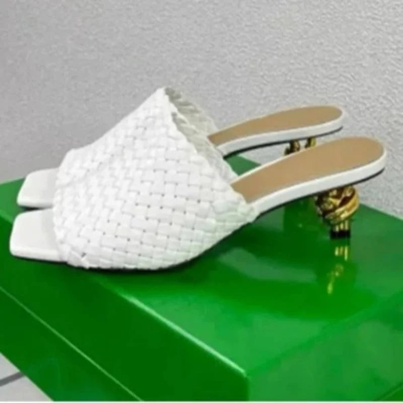 Footmax Women's Metal Electroplated Heel Luxury Sandals - Square Toe Peep Toe Breathable Pumps - footmaxldn