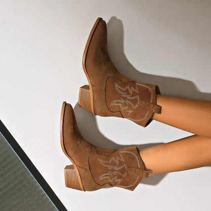 Brown Embroidered Western Ankle Boots with Pointed Toe and Block Heel