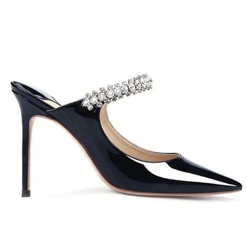 Footmaxldn Rhinestone Chain Stiletto Mules – Patent Leather High Heel Sandals for Women