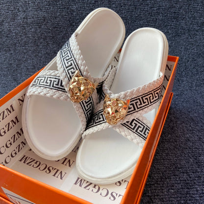Footmaxldn Lion Head Cross-Strap Slides | Men's Designer Sandals