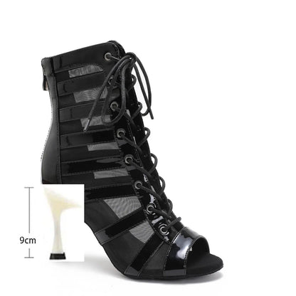 Black lace-up high-heeled boot with a slipper and measurement scale on a white background