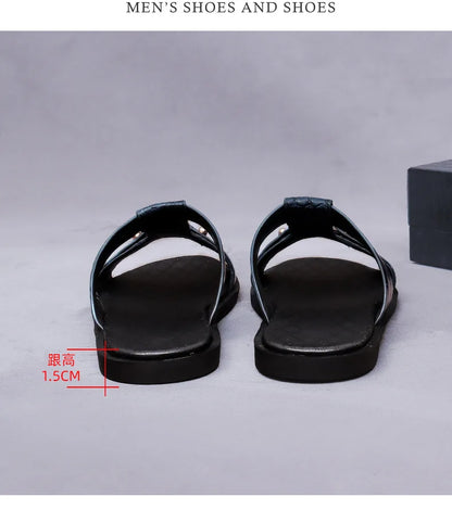 Men's Croc-Embossed Leather Slide Sandals | H-Strap Summer Slides – Footmaxldn